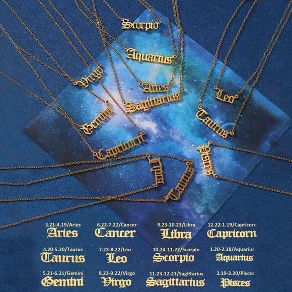 ⭐️Aries Zodiac Nameplate 14k Gold Figaro Chain Necklace 🌙 - Picture 2 of 14